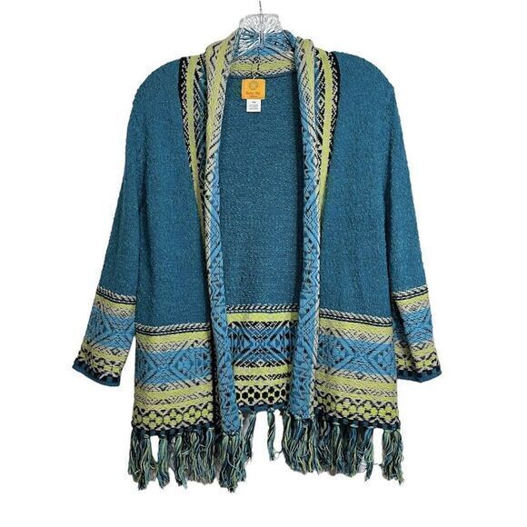 Ruby Rd. Petite‎ Size M Blue Green Fringe Border Cardigan Aztec Southwestern - Picture 1 of 8